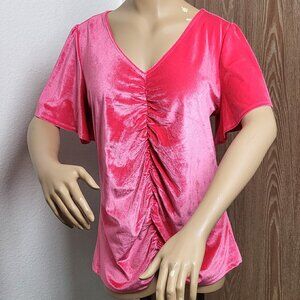 NWOT Torrid rose pink velvet short-sleeve blouse with rouching size 1 or 1X